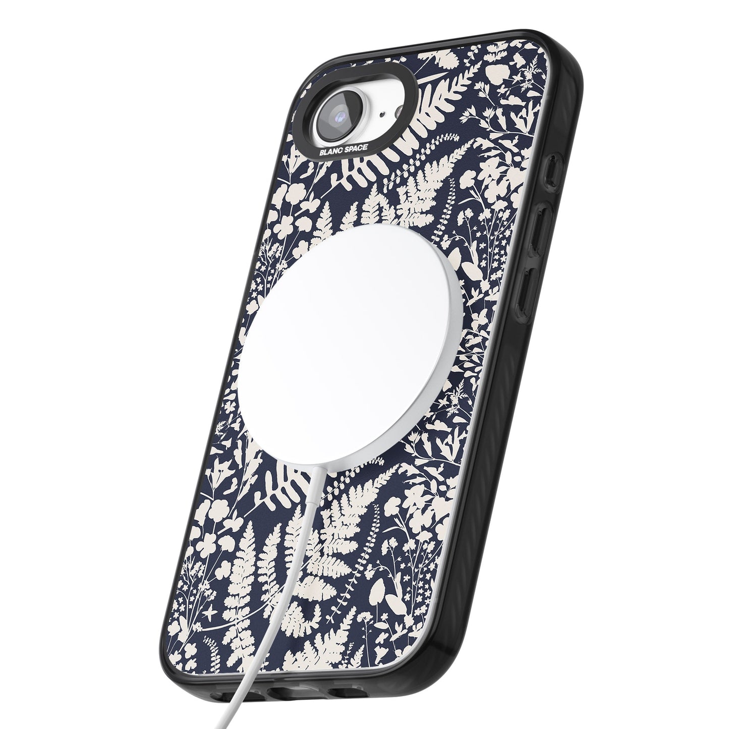 Fleurs sauvages et fougères sur fond bleu marine