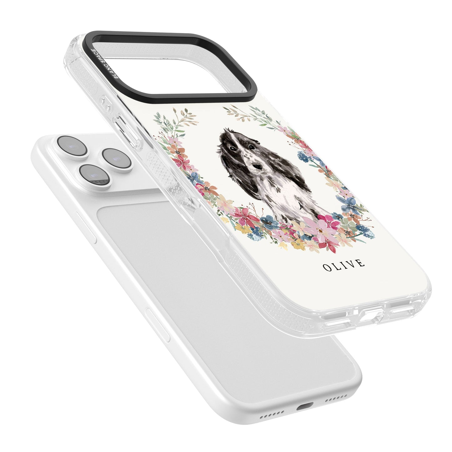 Personalisiertes Blumenporträt eines schwarzen Cocker Spaniels