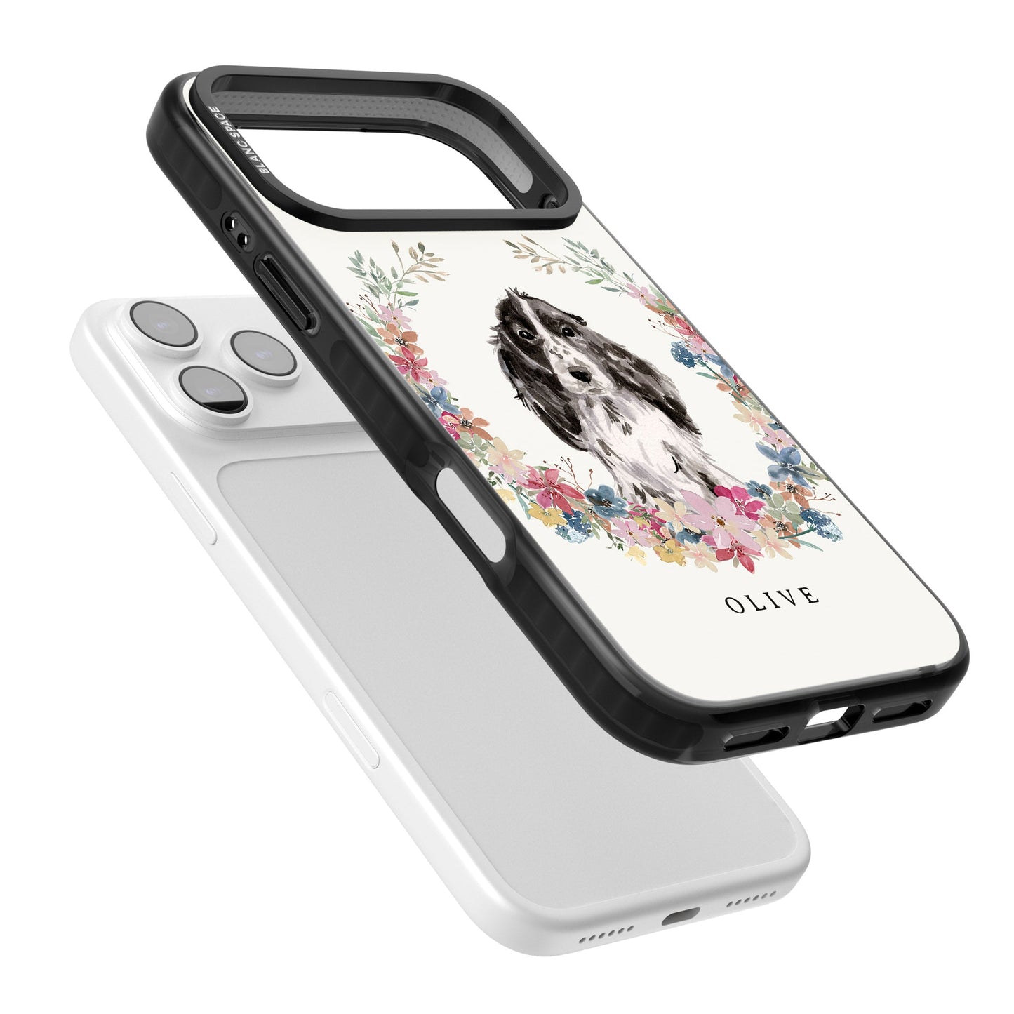 Personalisiertes Blumenporträt eines schwarzen Cocker Spaniels