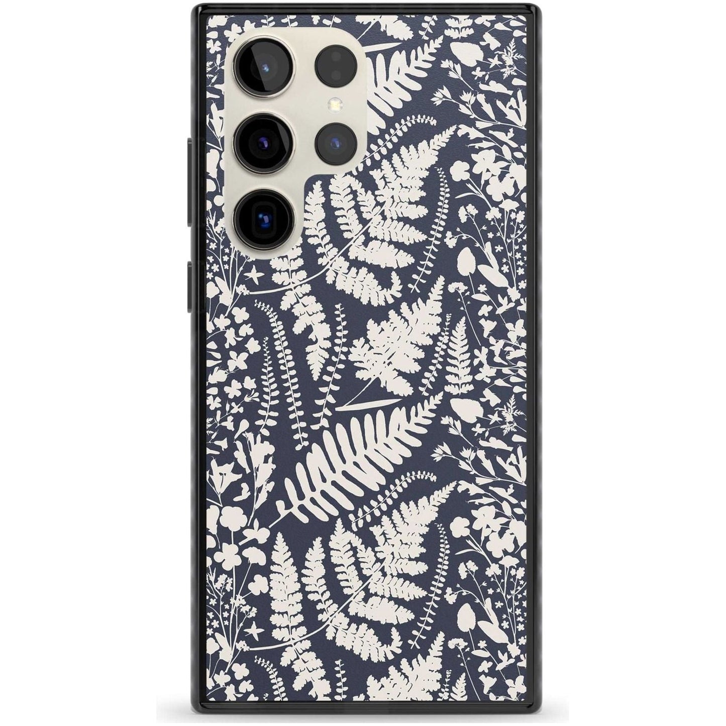 Fleurs sauvages et fougères sur fond bleu marine