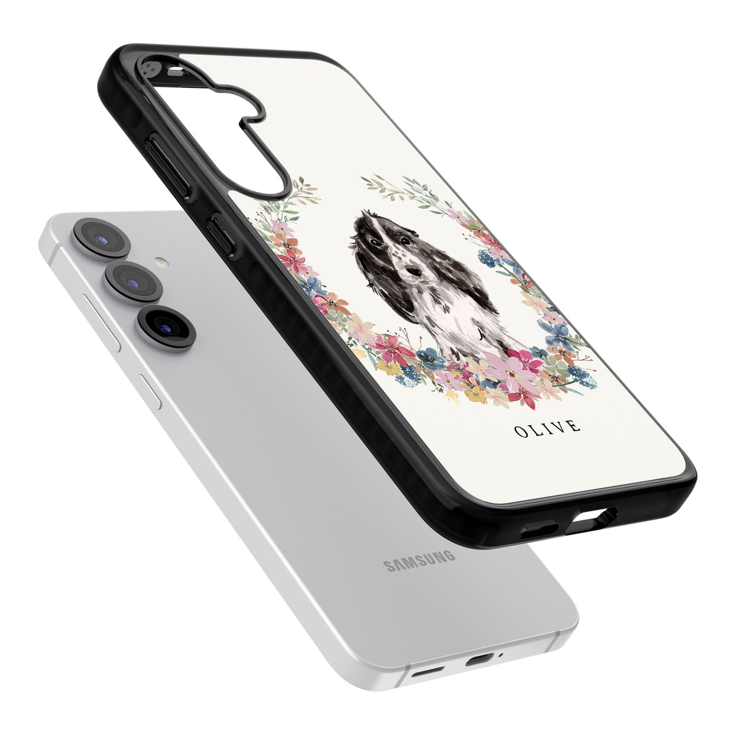 Personalisiertes Blumenporträt eines schwarzen Cocker Spaniels