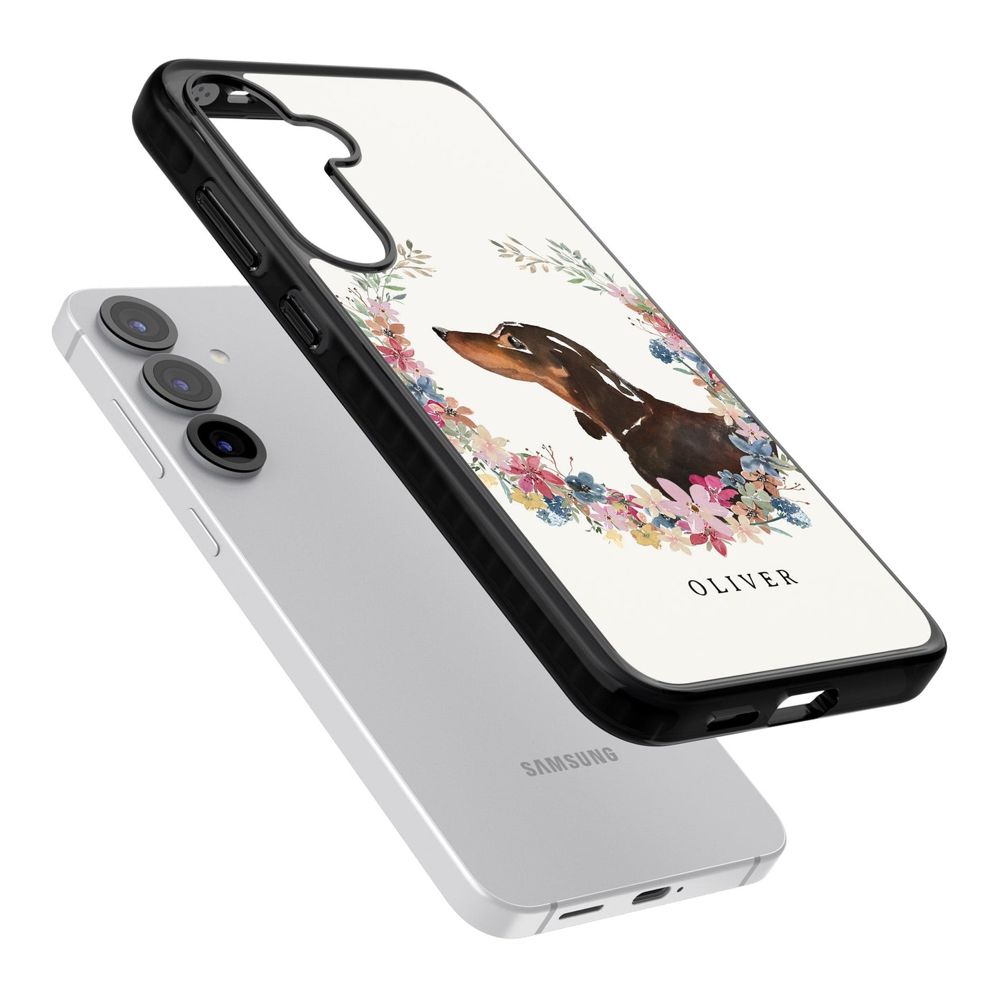 Personalised Black & Tan Dachshund Floral Portrait