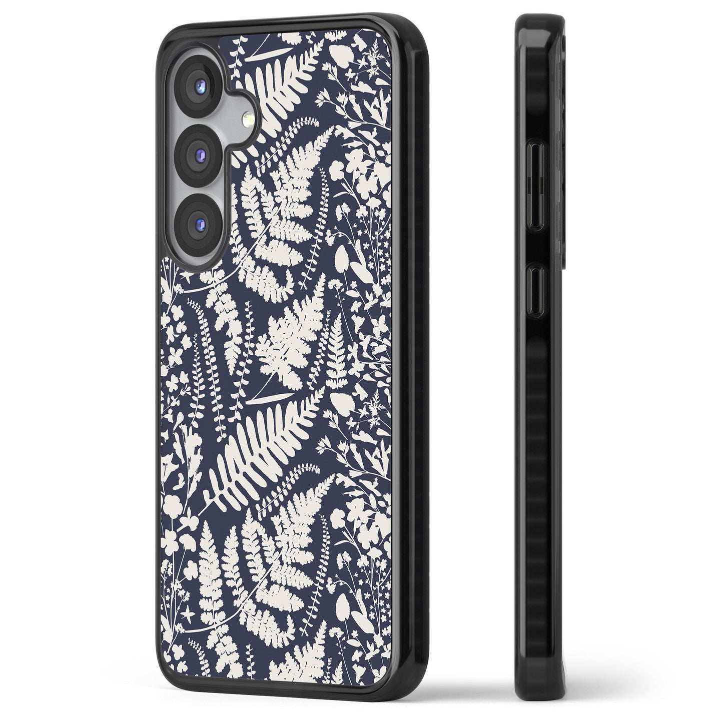 Fleurs sauvages et fougères sur fond bleu marine