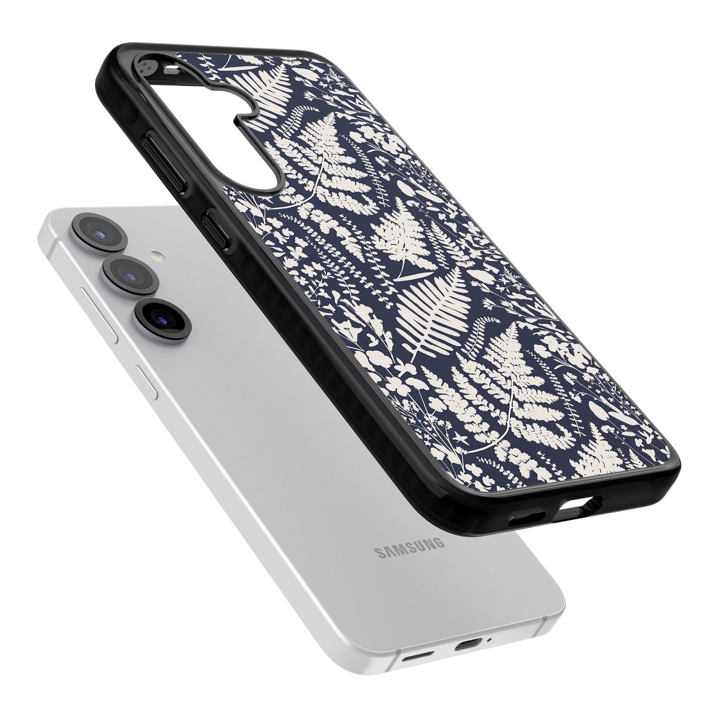 Fleurs sauvages et fougères sur fond bleu marine