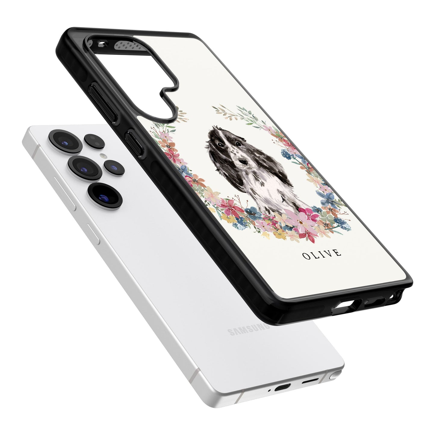 Personalisiertes Blumenporträt eines schwarzen Cocker Spaniels