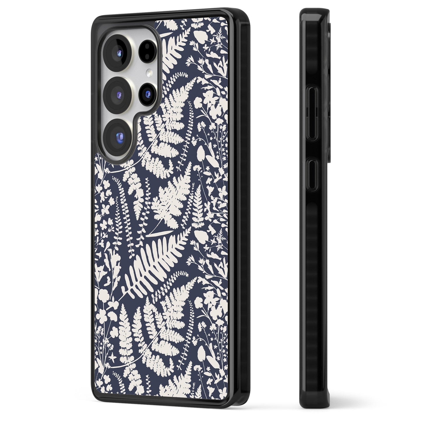 Fleurs sauvages et fougères sur fond bleu marine