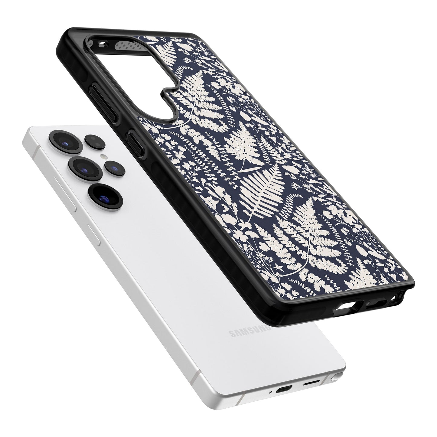 Fleurs sauvages et fougères sur fond bleu marine