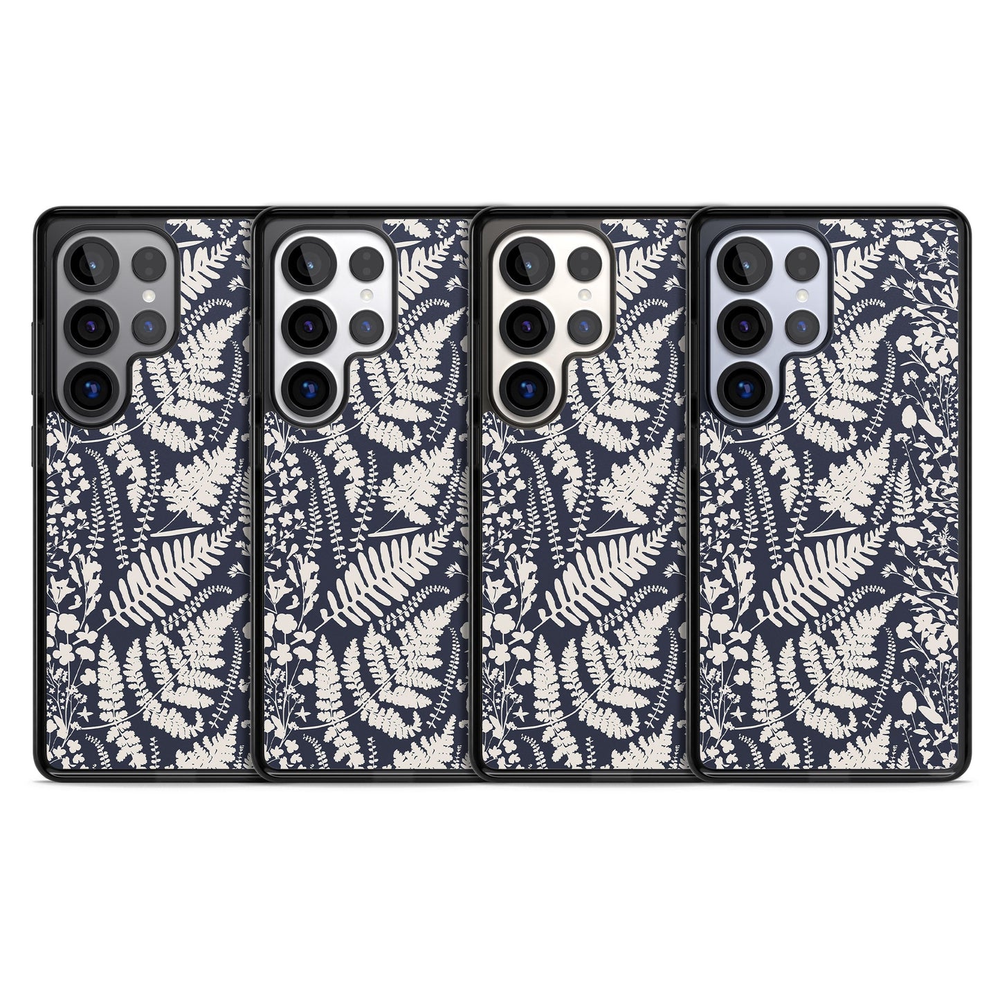 Fleurs sauvages et fougères sur fond bleu marine